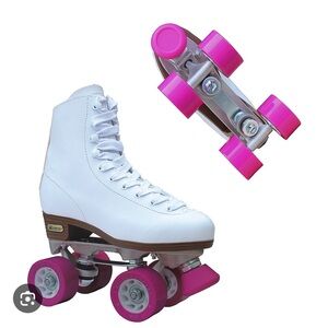 White Leather Quad Roller Skates with Pink Wheels